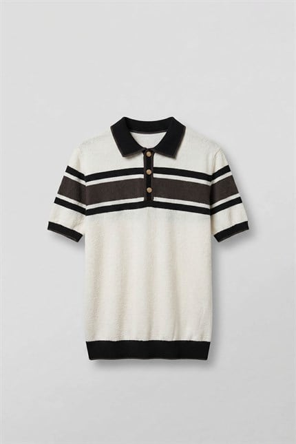 Erkek Regular Fit Çizgili Havlu Triko Polo Yaka T-Shirt Ekru Kahverengi