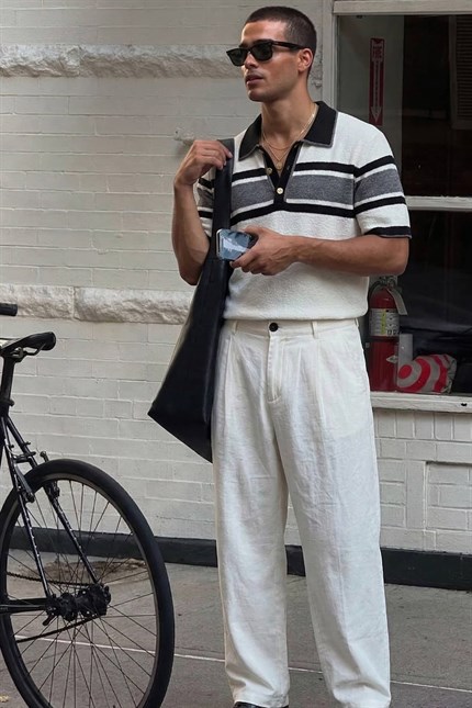 Erkek Regular Fit Çizgili Havlu Triko Polo Yaka T-Shirt Ekru Siyah