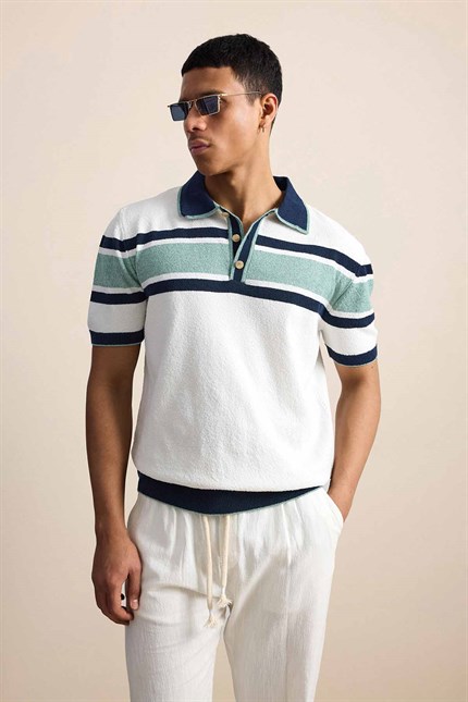 Erkek Regular Fit Çizgili Havlu Triko Polo Yaka T-Shirt Ekru Lacivert