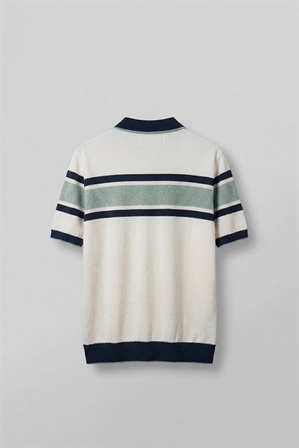 Erkek Regular Fit Çizgili Havlu Triko Polo Yaka T-Shirt Ekru Lacivert