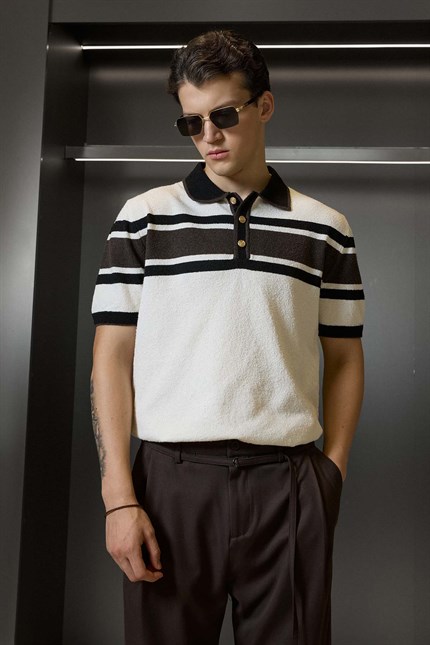 Erkek Regular Fit Çizgili Havlu Triko Polo Yaka T-Shirt Ekru Kahverengi