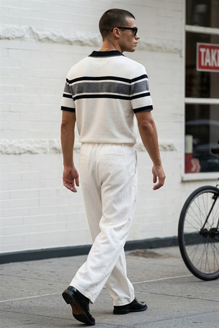 Erkek Regular Fit Çizgili Havlu Triko Polo Yaka T-Shirt Ekru Siyah