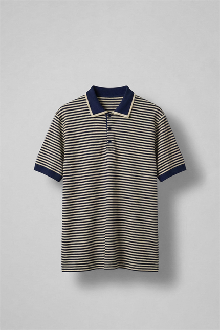 Erkek Regular Fit Çizgili Polo Yaka Örme T-Shirt Lacivert