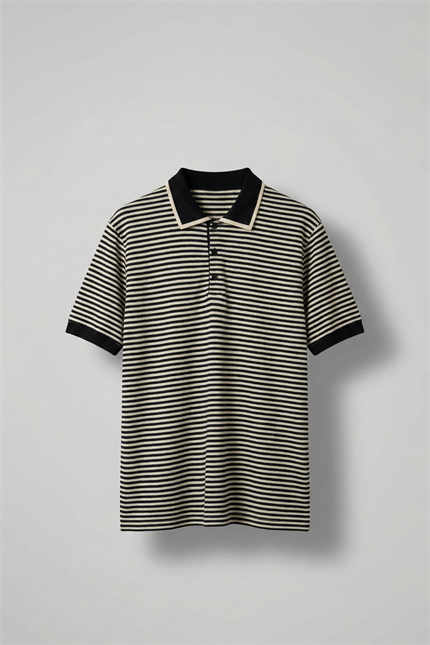 Erkek Regular Fit Çizgili Polo Yaka Örme T-Shirt Siyah