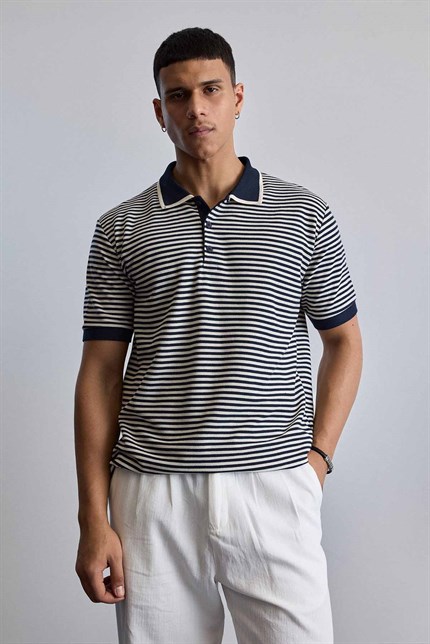 Erkek Regular Fit Çizgili Polo Yaka Örme T-Shirt Lacivert