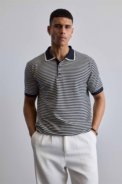 Erkek Regular Fit Çizgili Polo Yaka Örme T-Shirt Lacivert