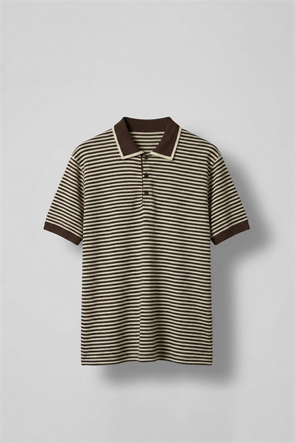 Erkek Regular Fit Çizgili Polo Yaka Örme T-Shirt Kahverengi