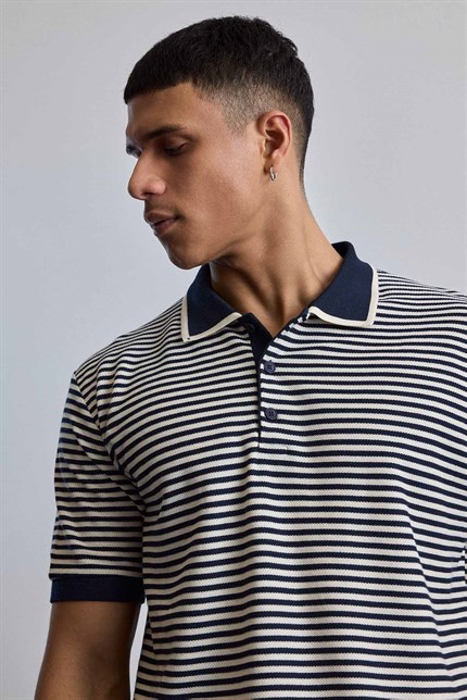 Erkek Regular Fit Çizgili Polo Yaka Örme T-Shirt Lacivert