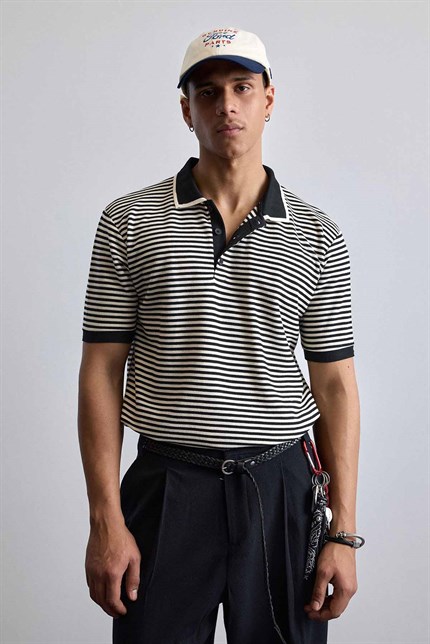 Erkek Regular Fit Çizgili Polo Yaka Örme T-Shirt Siyah