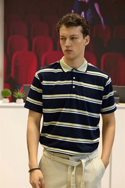 Erkek Regular Fit Çizgili Triko Polo Yaka T-Shirt Lacivert
