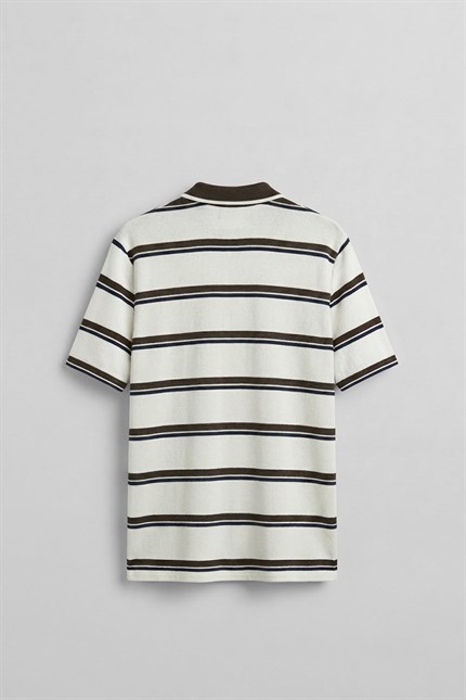 Erkek Regular Fit Çizgili Triko Polo Yaka T-Shirt Ekru