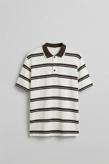Erkek Regular Fit Çizgili Triko Polo Yaka T-Shirt Ekru
