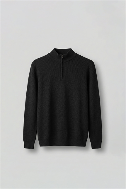 Erkek Regular Fit Fermuarlı Premium Kumaş Kazak Siyah