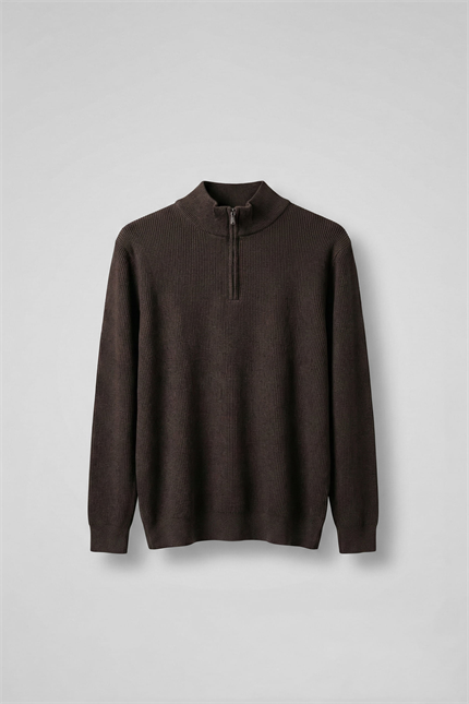 Erkek Regular Fit Fermuarlı Premium Kumaş Kazak Kahverengi