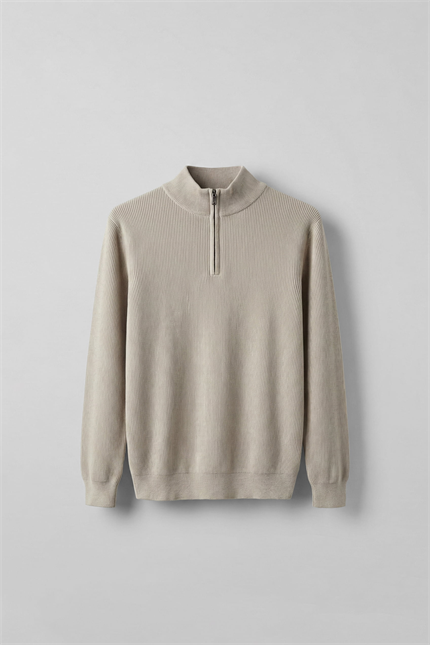 Erkek Regular Fit Fermuarlı Premium Kumaş Kazak Bej