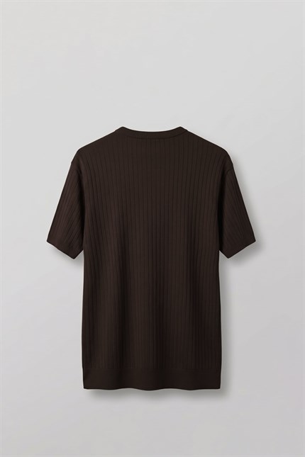Erkek Regular Fit Fitilli Triko Bisiklet Yaka T-Shirt Kahverengi