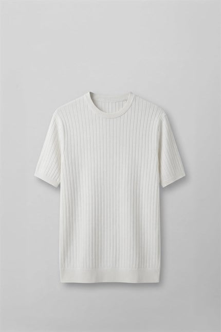 Erkek Regular Fit Fitilli Triko Bisiklet Yaka T-Shirt Beyaz