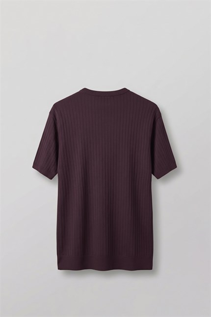 Erkek Regular Fit Fitilli Triko Bisiklet Yaka T-Shirt Bordo