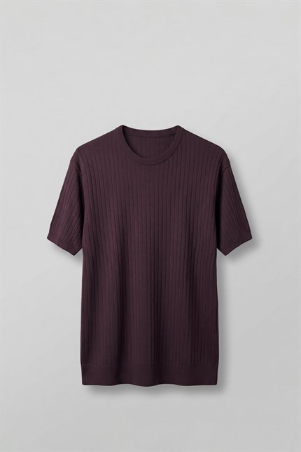 Erkek Regular Fit Fitilli Triko Bisiklet Yaka T-Shirt Bordo