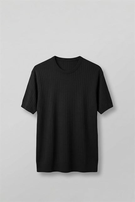 Erkek Regular Fit Fitilli Triko Bisiklet Yaka T-Shirt Siyah