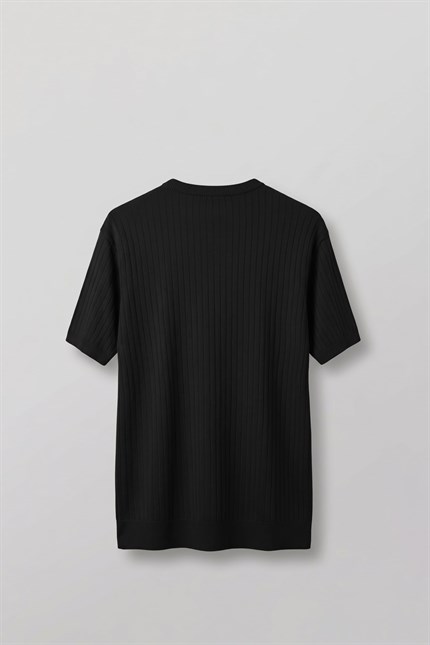 Erkek Regular Fit Fitilli Triko Bisiklet Yaka T-Shirt Siyah