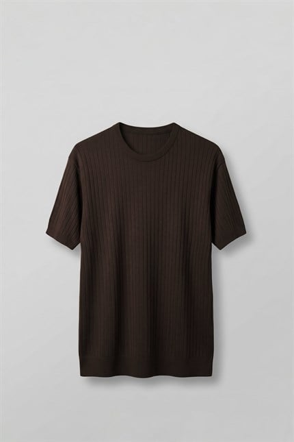 Erkek Regular Fit Fitilli Triko Bisiklet Yaka T-Shirt Kahverengi