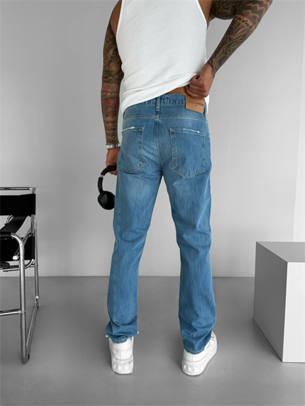 Erkek Regular Fit Kesim Eskitmeli Jean Pantolon Mavi