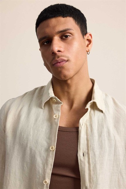 Erkek Regular Fit Keten Basic Uzun Kollu Gömlek Bej