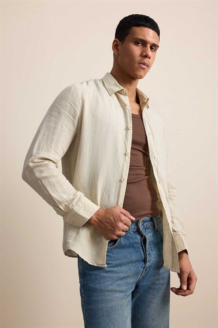 Erkek Regular Fit Keten Basic Uzun Kollu Gömlek Bej
