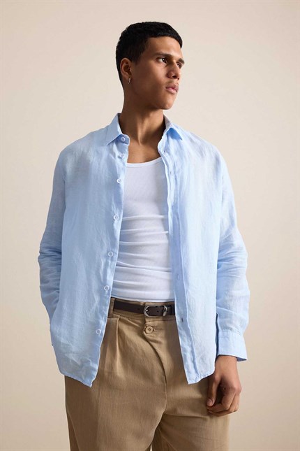 Erkek Regular Fit Keten Basic Uzun Kollu Gömlek Açık Mavi