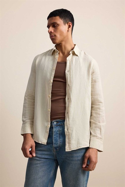 Erkek Regular Fit Keten Basic Uzun Kollu Gömlek Bej