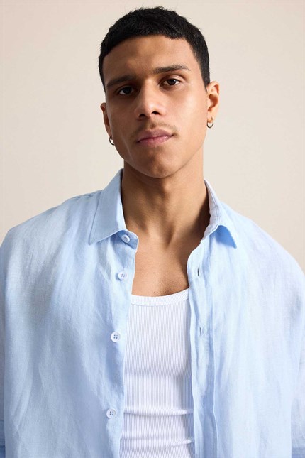 Erkek Regular Fit Keten Basic Uzun Kollu Gömlek Açık Mavi