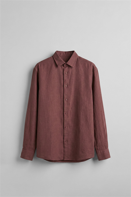 Erkek Regular Fit Keten Basic Uzun Kollu Gömlek Kahverengi