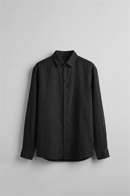 Erkek Regular Fit Keten Basic Uzun Kollu Gömlek Siyah