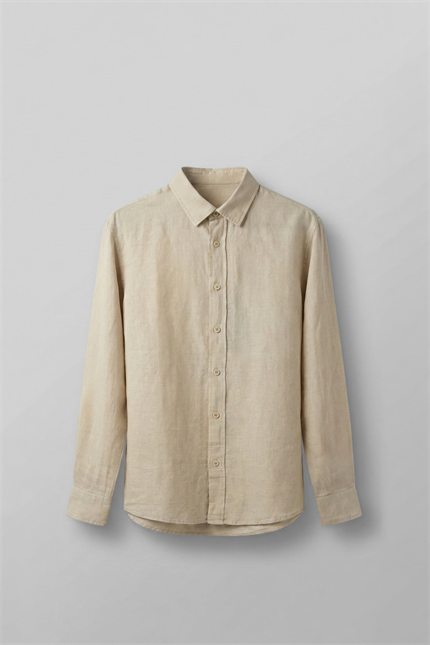 Erkek Regular Fit Keten Basic Uzun Kollu Gömlek Bej