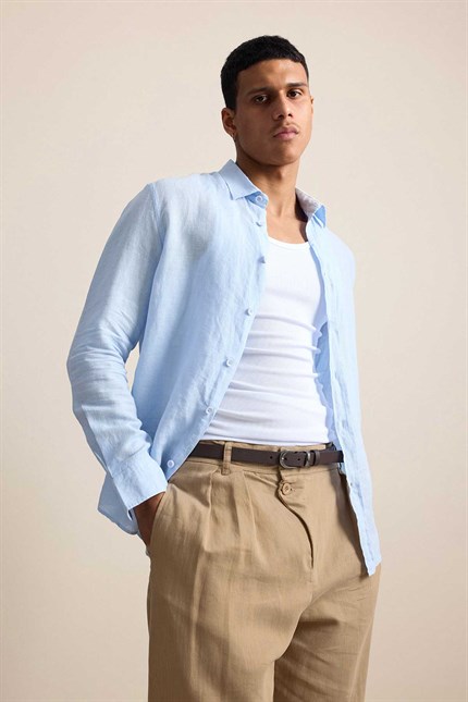 Erkek Regular Fit Keten Basic Uzun Kollu Gömlek Açık Mavi