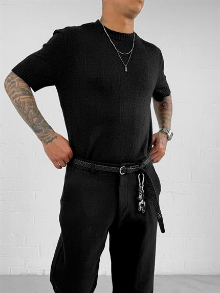 Erkek Regular Fit Örme Desenli T-Shirt Siyah