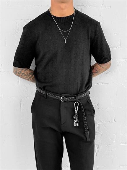 Erkek Regular Fit Örme Desenli T-Shirt Siyah