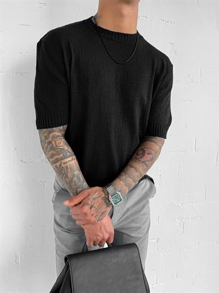 Erkek Regular Fit Örme Desenli T-Shirt Siyah