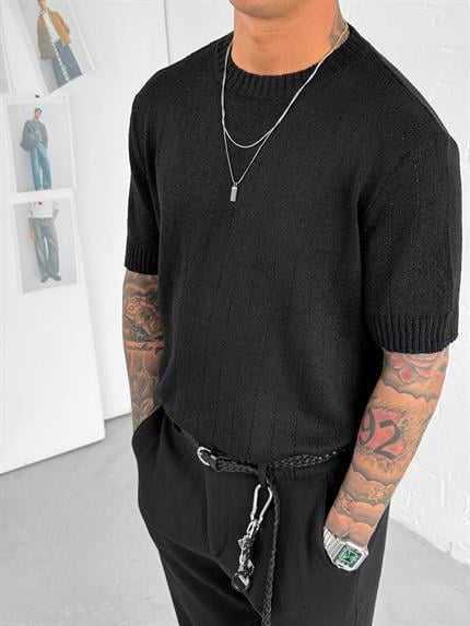 Erkek Regular Fit Örme Desenli T-Shirt Siyah