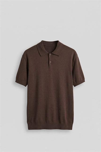 Erkek Regular Fit Örme Kumaş Basic Polo Yaka T-Shirt Kahverengi