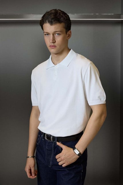 Erkek Regular Fit Örme Kumaş Basic Polo Yaka T-Shirt Beyaz