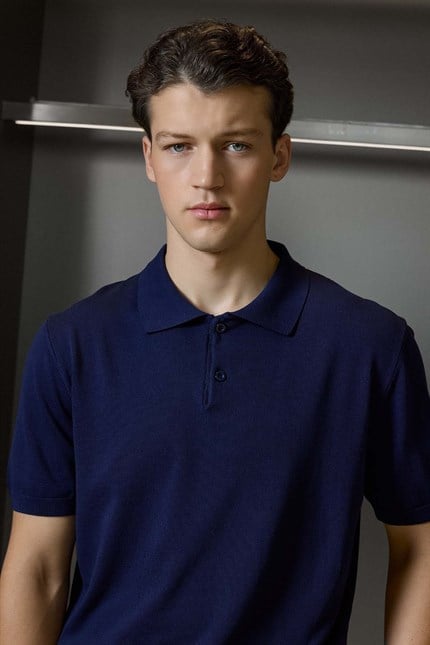 Erkek Regular Fit Örme Kumaş Basic Polo Yaka T-Shirt Lacivert