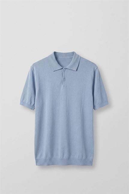 Erkek Regular Fit Örme Kumaş Basic Polo Yaka T-Shirt Açık Mavi