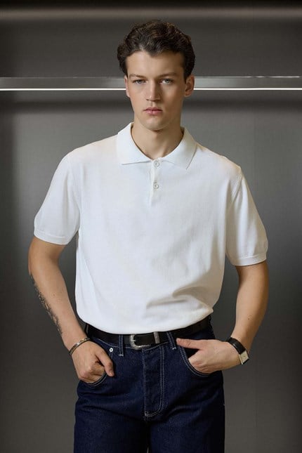 Erkek Regular Fit Örme Kumaş Basic Polo Yaka T-Shirt Beyaz