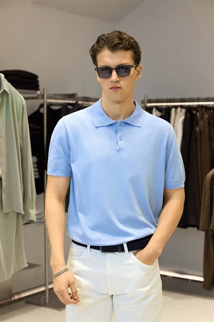 Erkek Regular Fit Örme Kumaş Basic Polo Yaka T-Shirt Açık Mavi