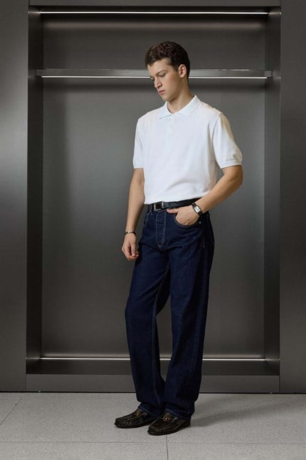 Erkek Regular Fit Örme Kumaş Basic Polo Yaka T-Shirt Beyaz