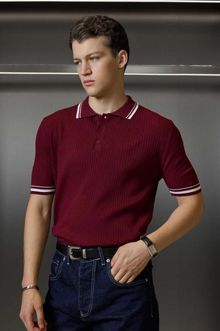 Erkek Regular Fit Pamuklu Kontrast Detaylı Polo Yaka T-Shirt Bordo