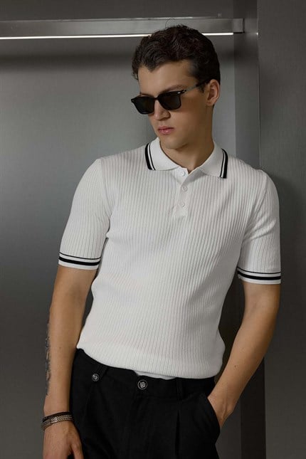 Erkek Regular Fit Pamuklu Kontrast Detaylı Polo Yaka T-Shirt Beyaz