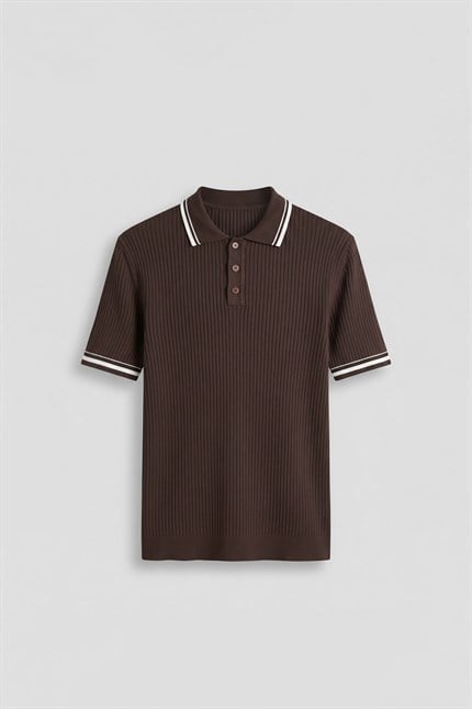 Erkek Regular Fit Pamuklu Kontrast Detaylı Polo Yaka T-Shirt Kahverengi